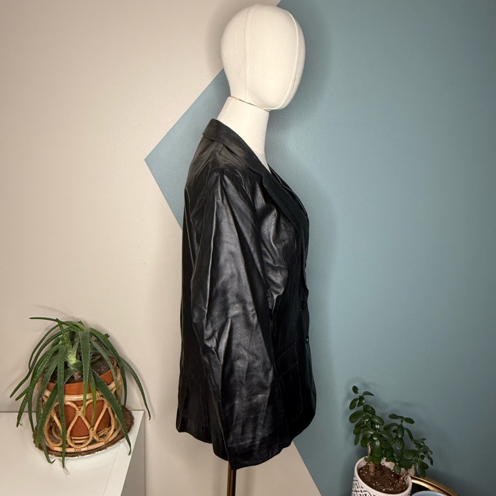 Vintage 90s Black Leather Blazer Minimalist Tailored Jacket M Carson Pirie Scott - Picture 5 of 12